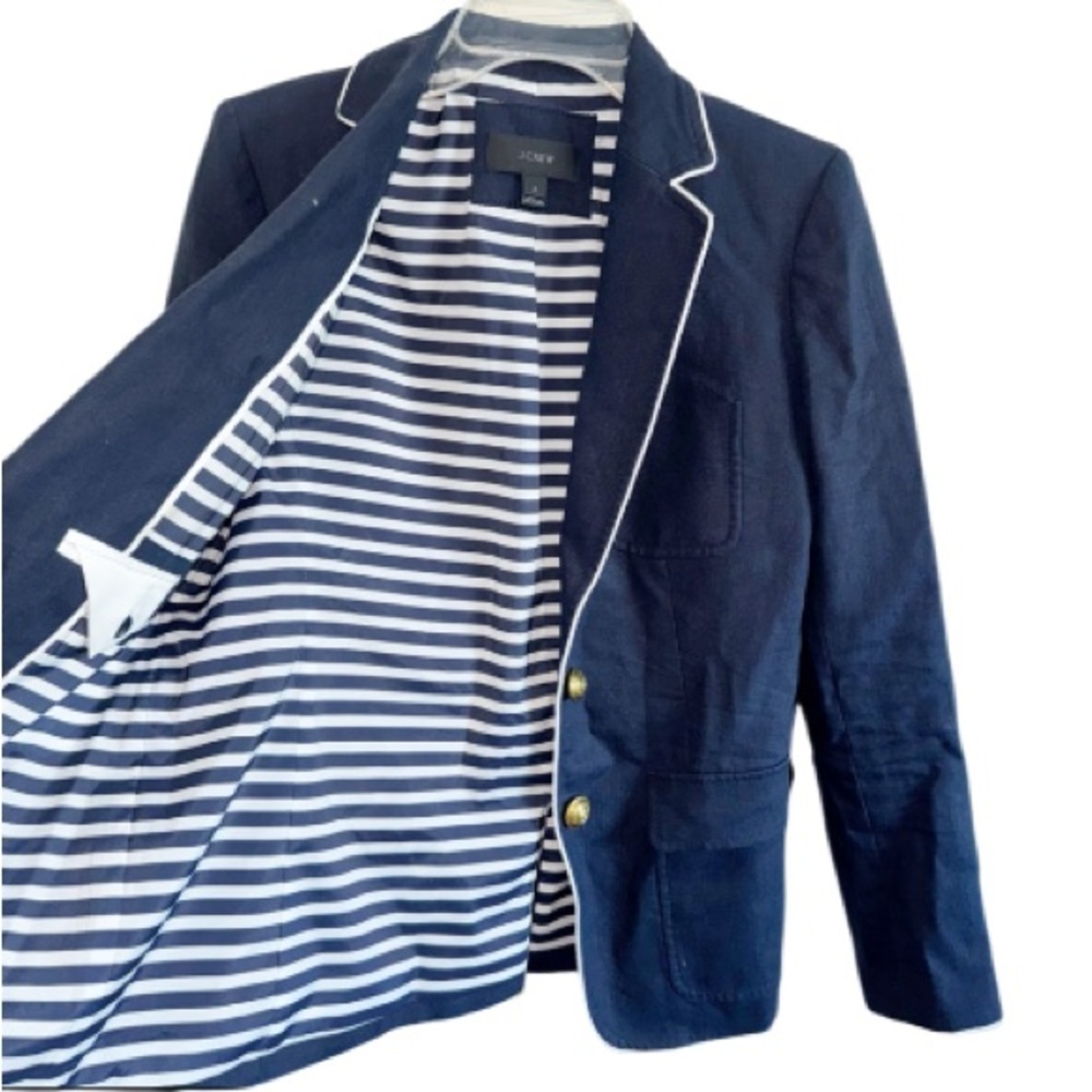 J. Crew Rhodes Navy Blue Blazer 100% Linen Nautical Crest Gold Buttons Size 2 - Picture 8 of 14